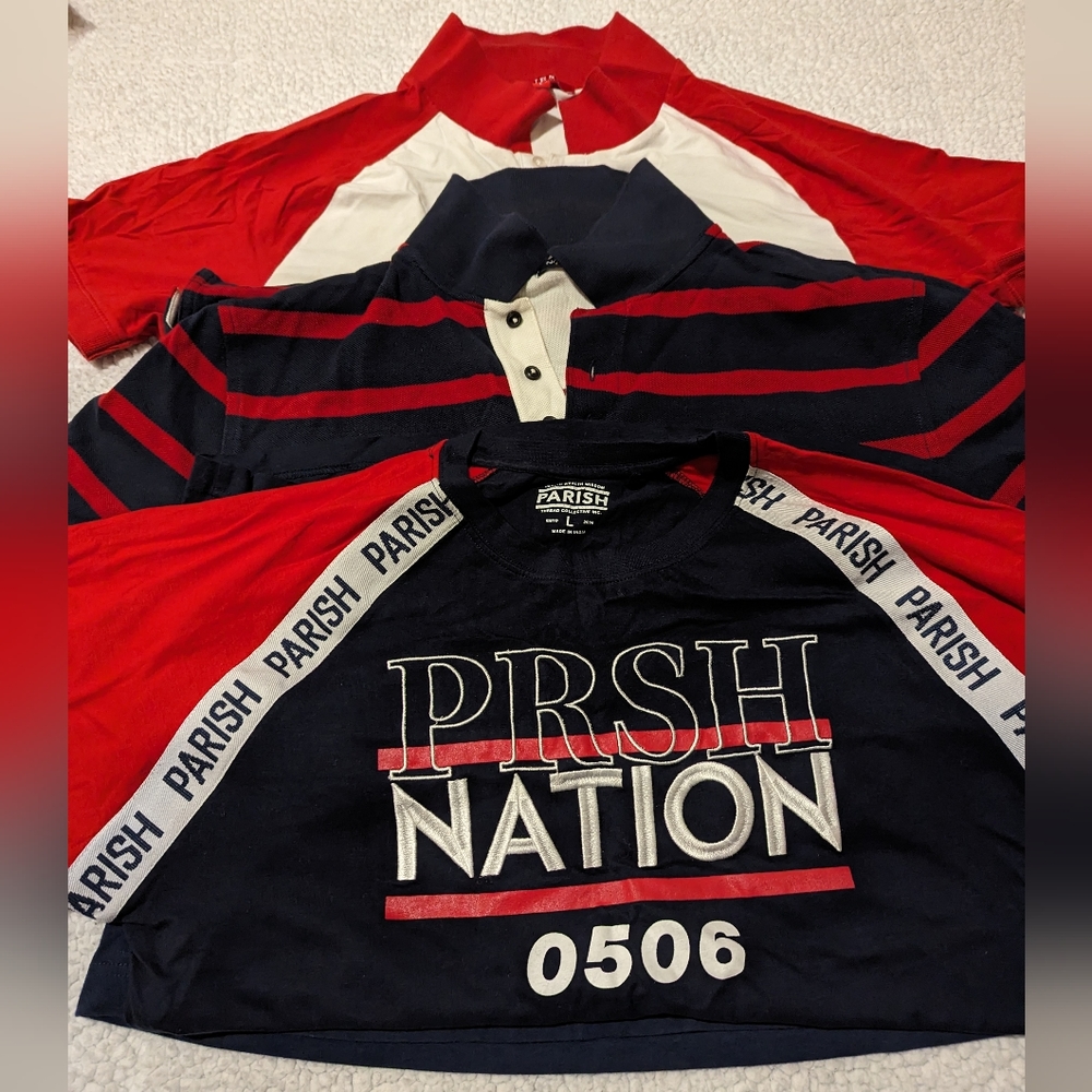 3 red white and blue shirts